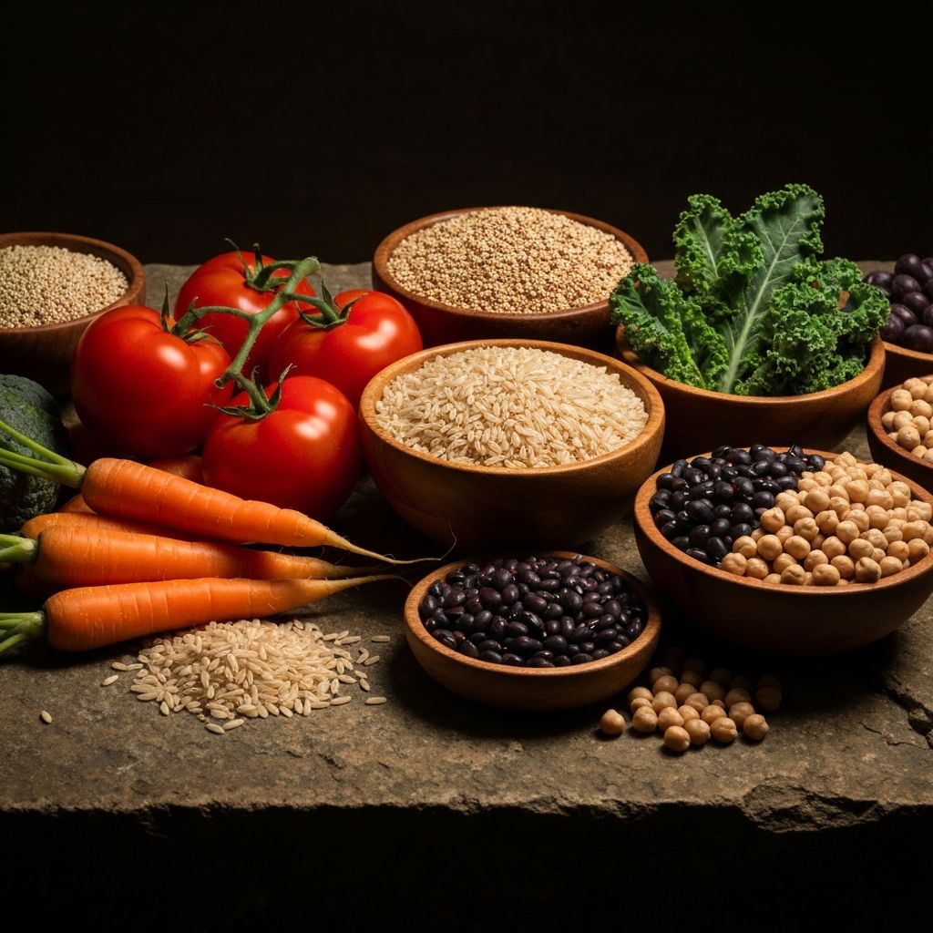 Diverse whole foods including vegetables, grains, and legumes arranged on stone surface