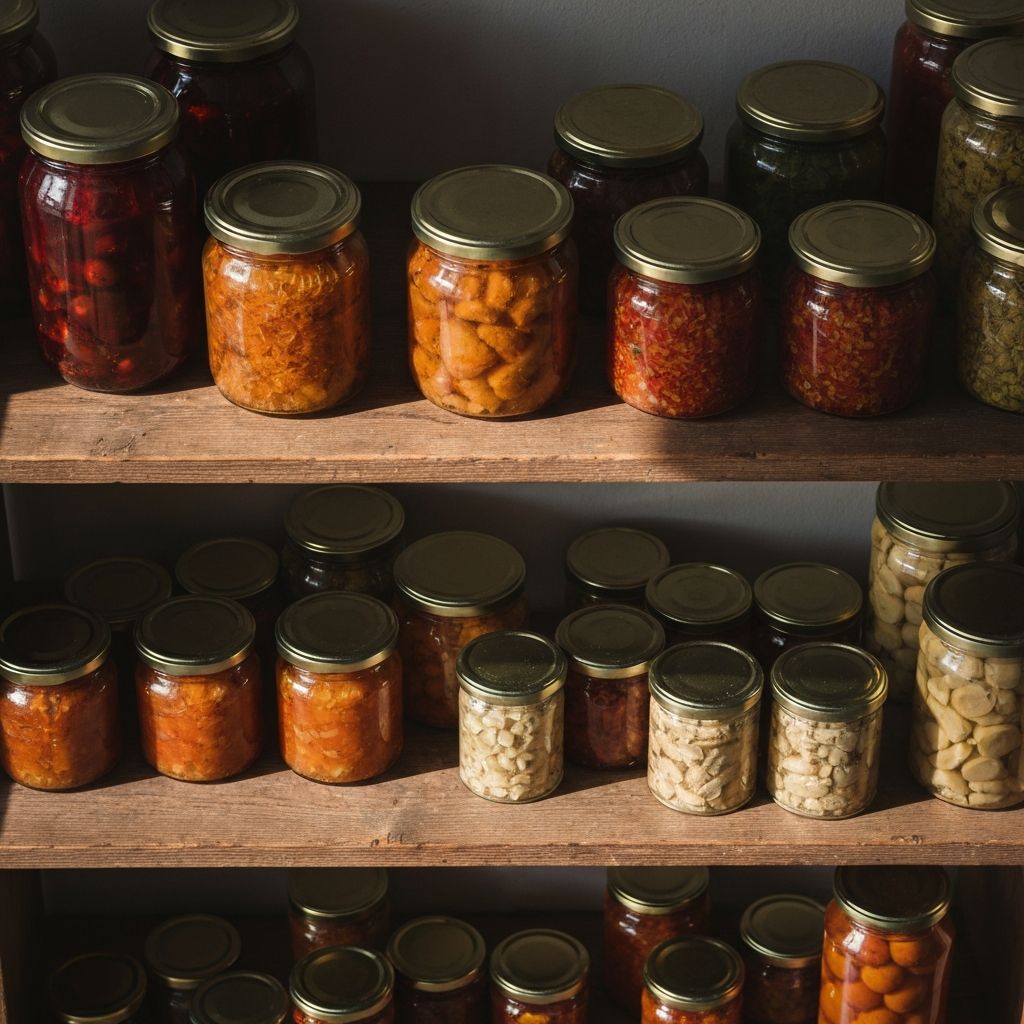 Industrial-era preserved foods in glass jars on wooden shelf